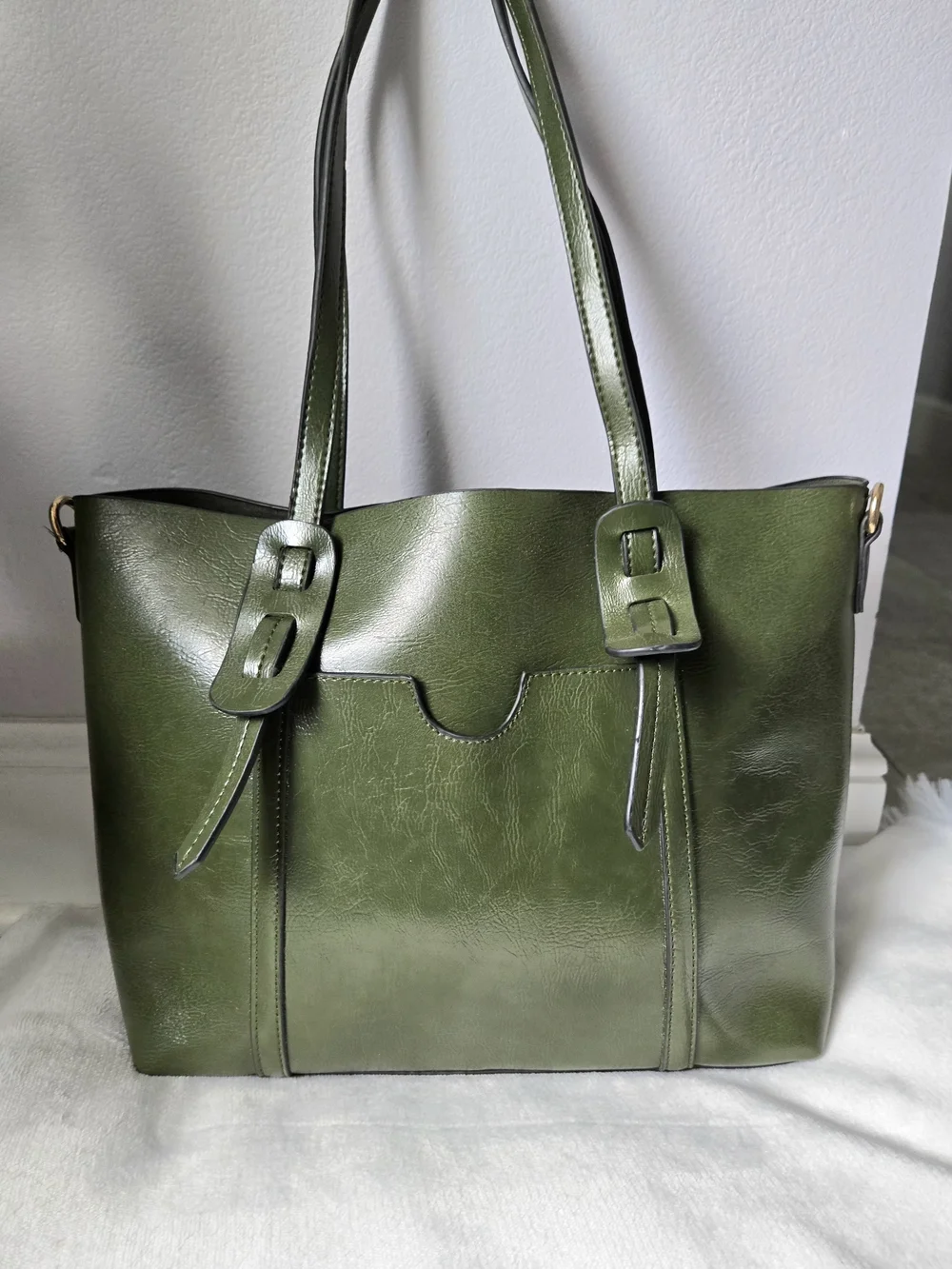 Vintage Style Olive Green Faux Leather Large Tote Bag - Roomy Shoulder Bag
